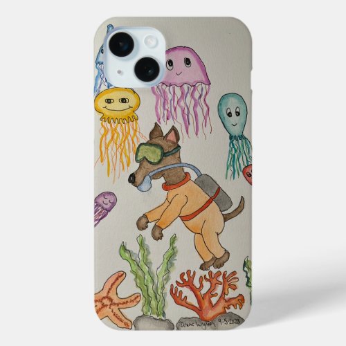 Dog diver and Jellyfish iPhone 15 Plus Case