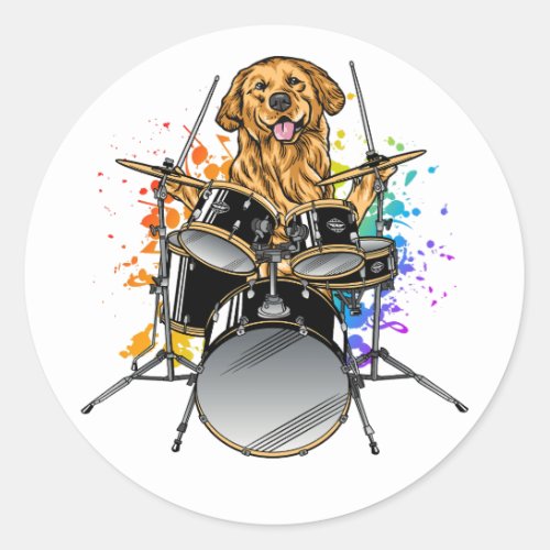 Dog Drummer Playing Drums Classic Round Sticker