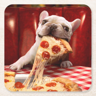 Dog Eating Pizza Slice Square Paper Coaster