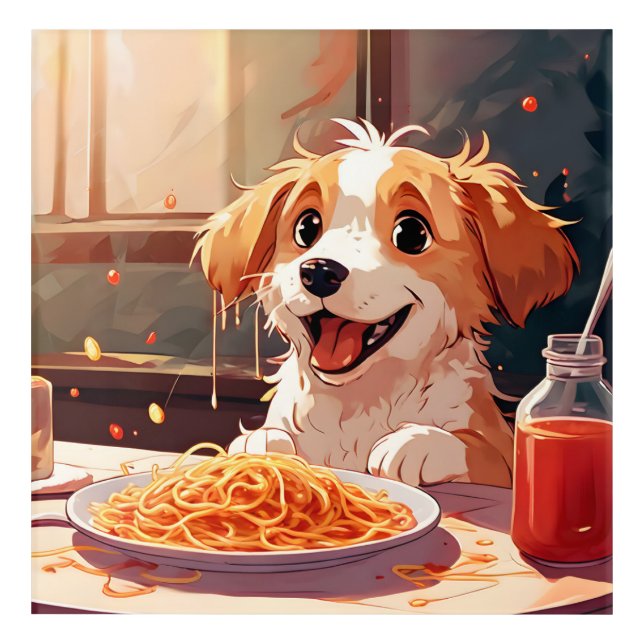 Dog eating spaghetti acrylic print (Front)