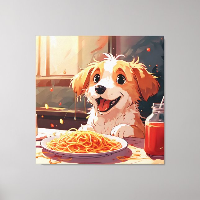 Dog eating spaghetti canvas print (Front)