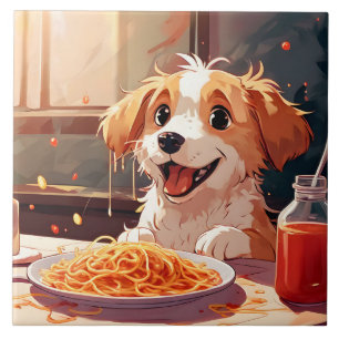 Dog eating spaghetti ceramic tile