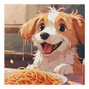 Dog eating spaghetti faux canvas print