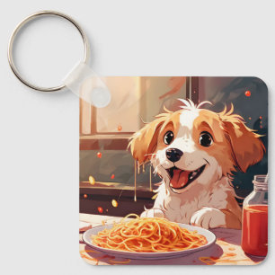 Dog eating spaghetti keychain
