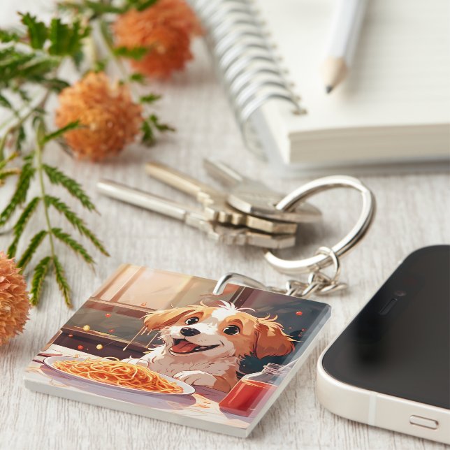 Dog eating spaghetti keychain (Front Right)