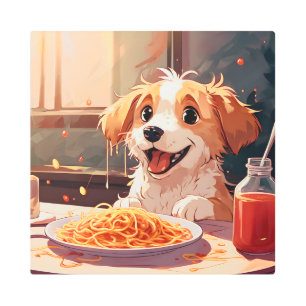 Dog eating spaghetti metal print