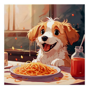 Dog eating spaghetti poster
