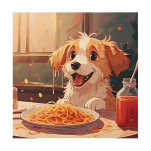 Dog eating spaghetti wood wall art