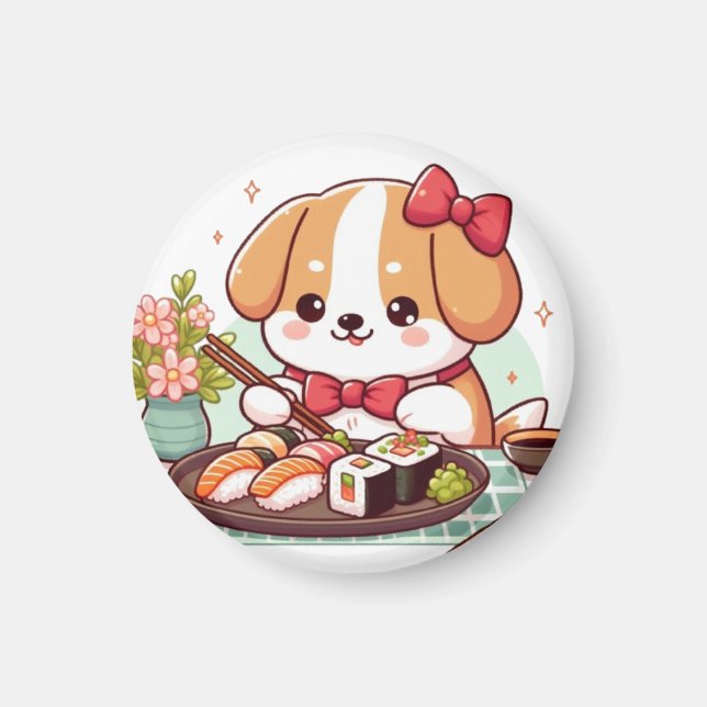 Dog eating sushi magnet (Front)