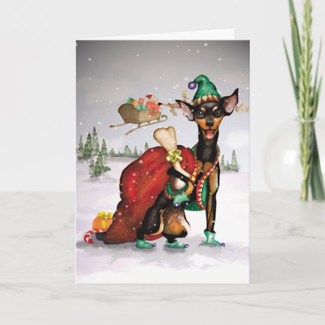 Dog Elf - Miniature Pinscher Moving Christmas Card (Front)