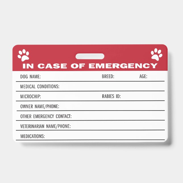 Dog Emergency Medical Information Card Badge (Front)