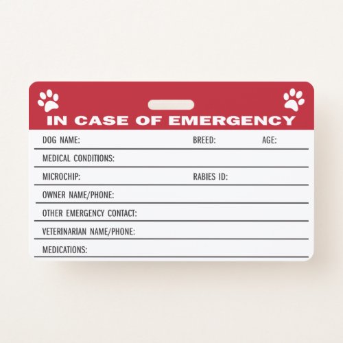 Dog Emergency Medical Information Card Badge