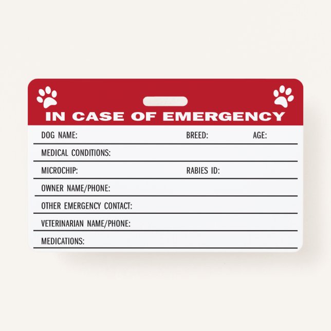 Dog Emergency Medical Information Card Badge (Front)