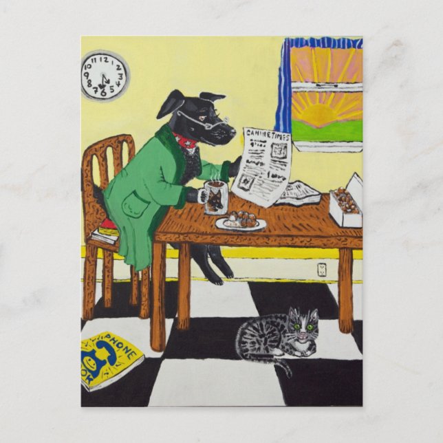 Dog Enjoying Coffee and Donuts Postcard (Front)