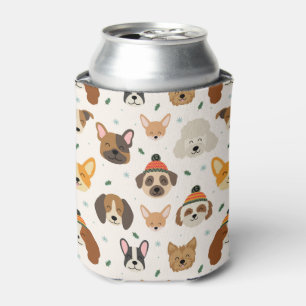 Dog Faces in Winter Hats Holiday Pattern Can Cooler