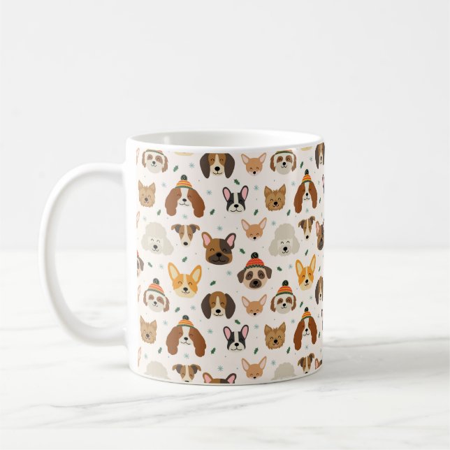 Dog Faces in Winter Hats Holiday Pattern Coffee Mug (Left)