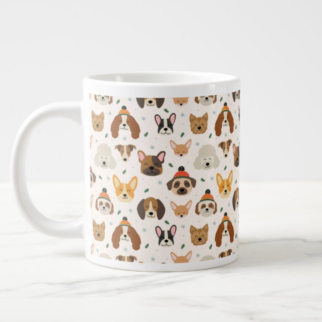 Dog Faces in Winter Hats Holiday Pattern Giant Coffee Mug (Left)