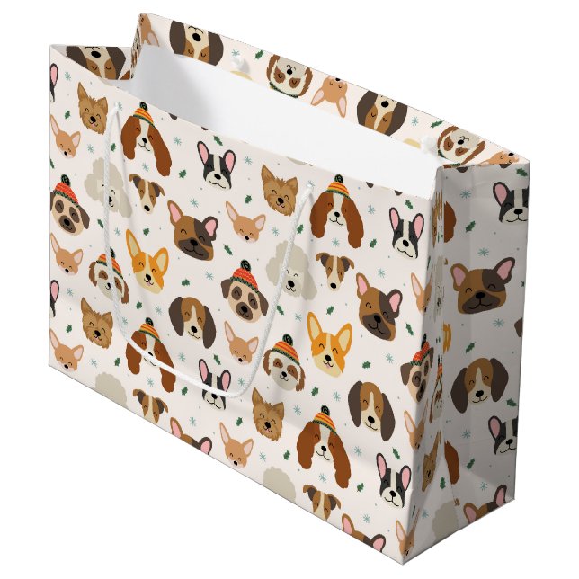Dog Faces in Winter Hats Holiday Pattern Large Gift Bag (Front Angled)