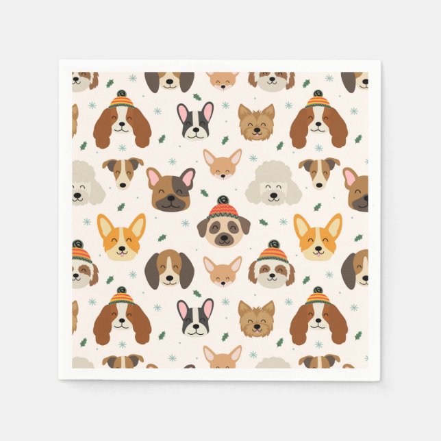Dog Faces in Winter Hats Holiday Pattern Napkins (Front)