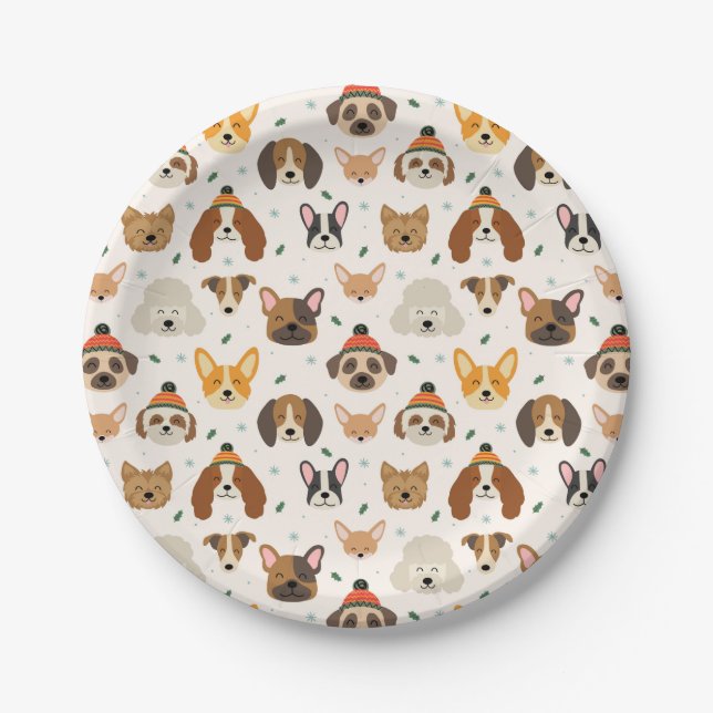 Dog Faces in Winter Hats Holiday Pattern Paper Plates (Front)