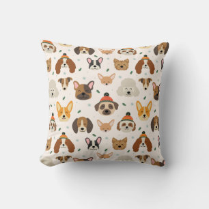 Dog Faces in Winter Hats Holiday Pattern Throw Pillow