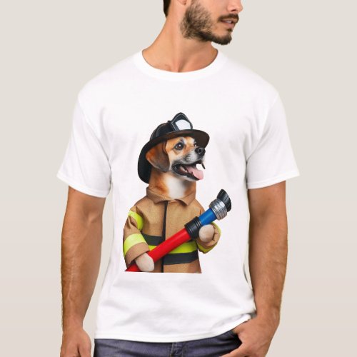 Dog Firefighter Holding Hose T_Shirt