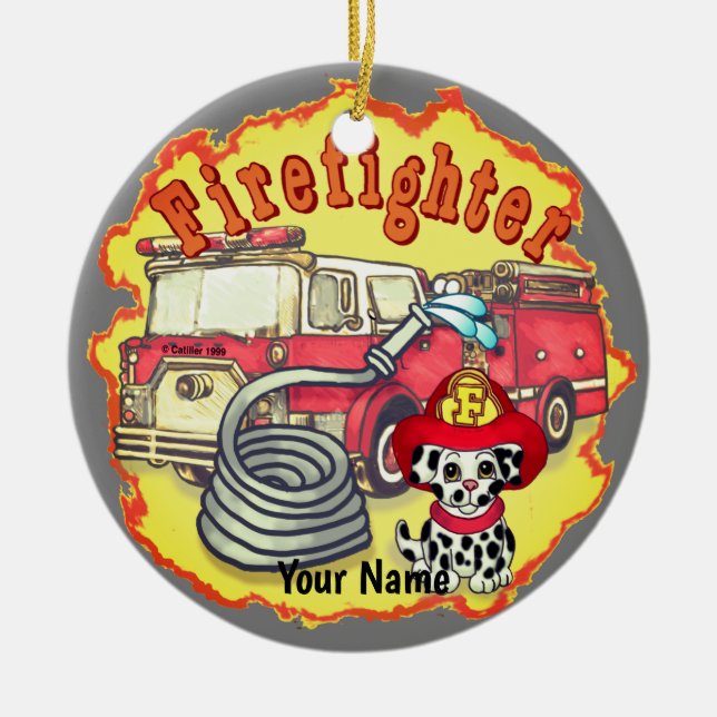 Dog Firetruck Firefighter firefighters Ceramic Ornament (Front)