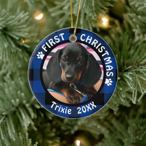 Dog First Christmas 2_Photo Blue and Black Plaid Ceramic Ornament