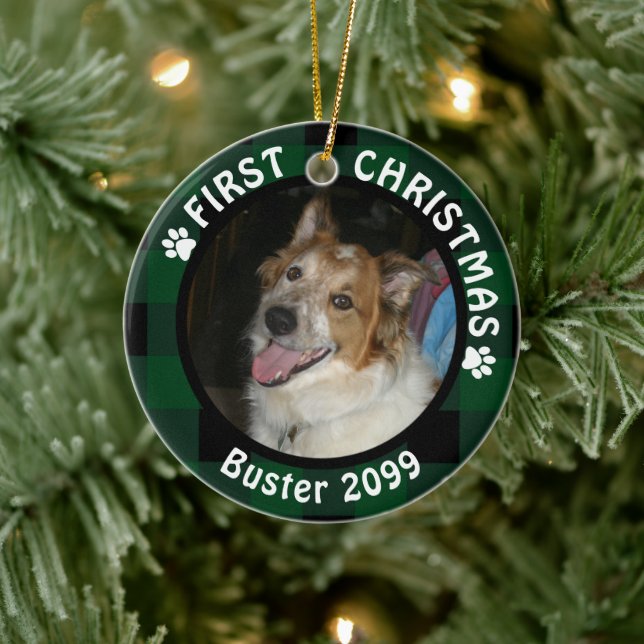 Dog First Christmas 2-Photo Green & Black Plaid Ceramic Ornament (Tree)