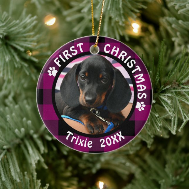 Dog First Christmas 2-Photo Pink and Black Plaid Ceramic Ornament (Tree)