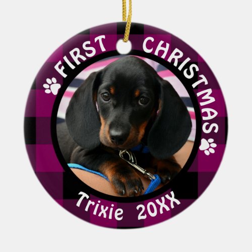 Dog First Christmas 2_Photo Pink and Black Plaid Ceramic Ornament