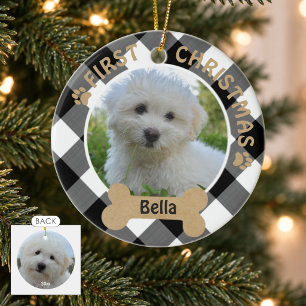 Dog FIRST CHRISTMAS 2-Sided 2-Photo Buffalo Check Ceramic Ornament
