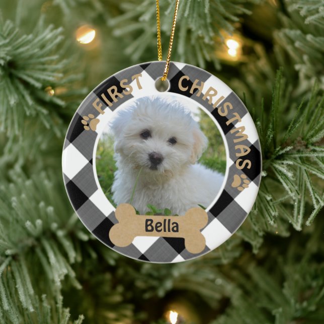 Dog FIRST CHRISTMAS 2-Sided 2-Photo Buffalo Check Ceramic Ornament (Tree)