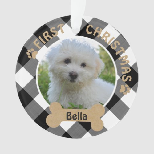 Dog FIRST CHRISTMAS Black White Buffalo Plaid Ornament