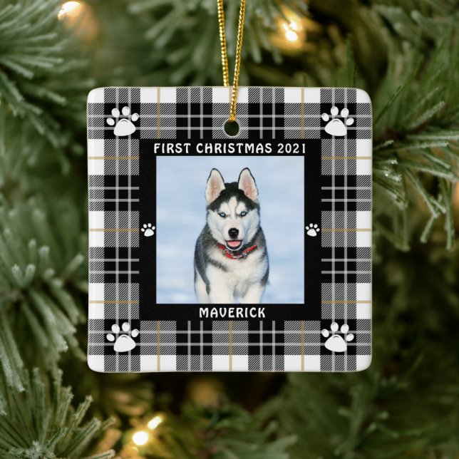 Dog FIRST CHRISTMAS Black White Plaid Paw Print Ceramic Ornament (Tree)