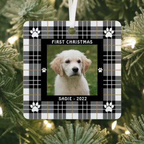 Dog FIRST CHRISTMAS Black White Tan Plaid 2 Photo Metal Ornament