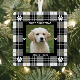 Dog FIRST CHRISTMAS Black White Tan Plaid Metal Ornament