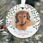 Dog First Christmas Christmas Lights Puppy Photo Ornament<br><div class="desc">Custom pet photo Christmas ornament for your puppy dog's first christmas, with colorful Christmas lights and editable wording. The photo template is set up for you to add one of your favorite pictures pictures, which will be framed with string light bulbs in red blue green and yellow. The wording currently...</div>
