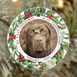 Dog First Christmas Forever Home 2 Photo Mistletoe Ceramic Ornament<br><div class="desc">Decorate your tree or give a special gift this holiday season with this elegant pet photo in a wreath design christmas ornament, and matching decor. This dog christmas ornament features a watercolor green and red wreath with holly and berries. Personalize with name front, year back . This pet christmas ornament...</div>