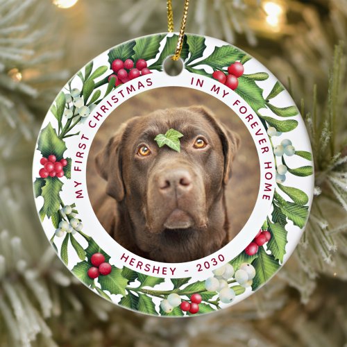 Dog First Christmas Forever Home 2 Photo Mistletoe Ceramic Ornament
