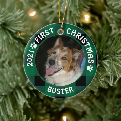 Dog FIRST CHRISTMAS Green Buffalo Plaid 2 Photo Ceramic Ornament