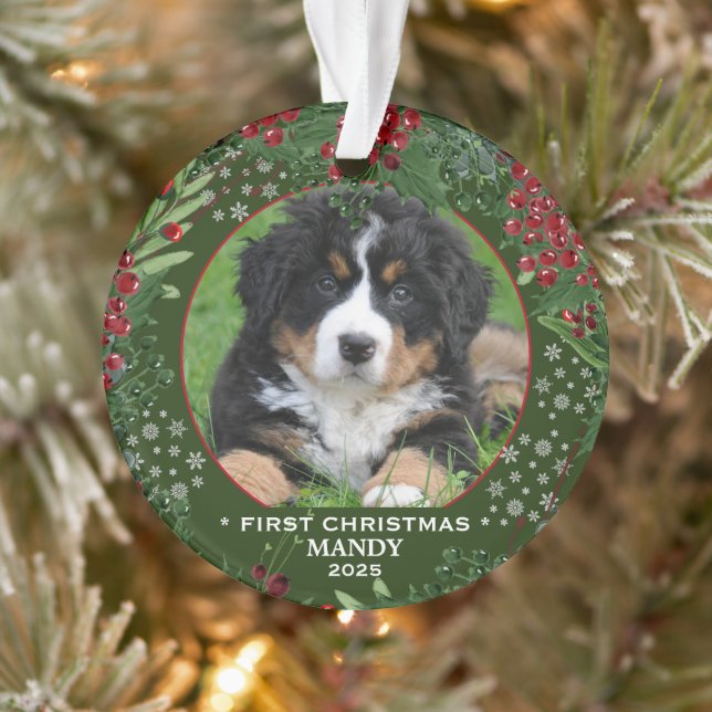 Dog First Christmas holly wreath snowflakes photo Ornament (Tree)