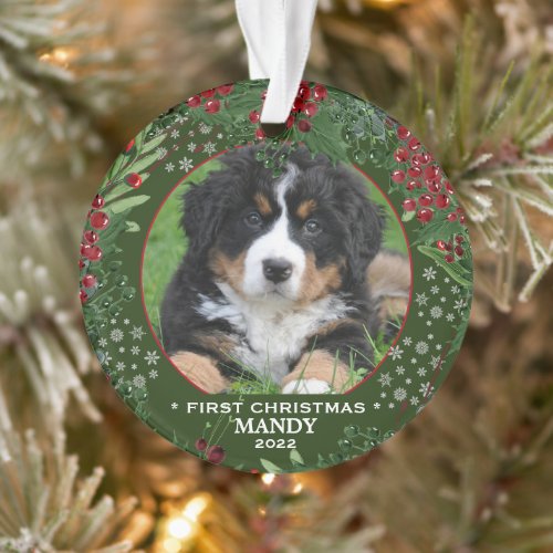 Dog First Christmas holly wreath snowflakes photo Ornament