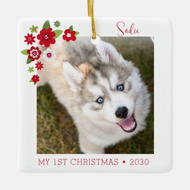 Dog First Christmas Photo Ceramic Ornament (Front)