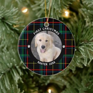 Dog FIRST CHRISTMAS Plaid Personalized Photo Ceramic Ornament