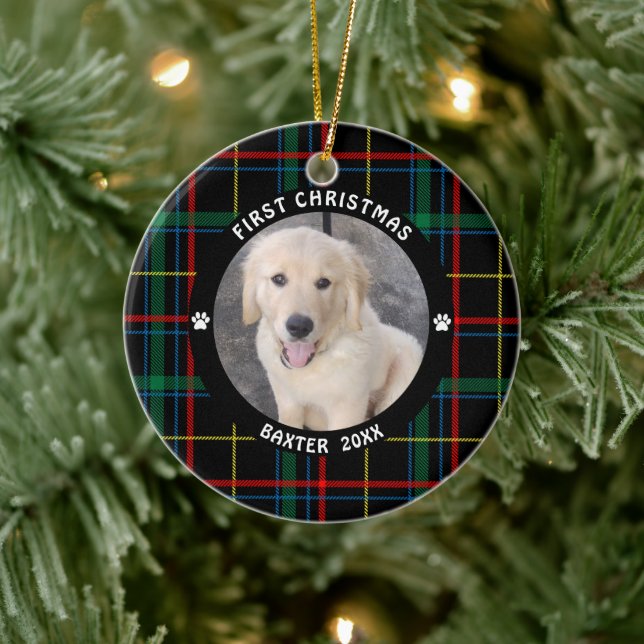 Dog FIRST CHRISTMAS Plaid Personalized Photo Ceramic Ornament (Tree)