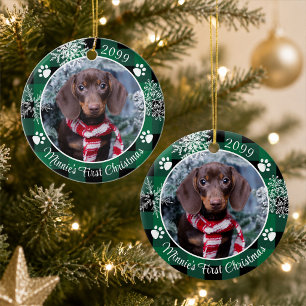 Dog First Christmas Snowflake Photo Green Plaid Ceramic Ornament