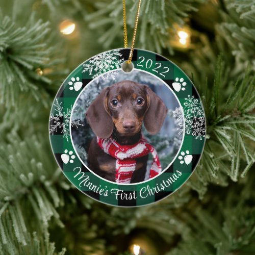 Dog First Christmas Snowflake Photo Green Plaid Ceramic Ornament