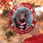 Dog First Christmas Snowflake Photo Red White Ceramic Ornament<br><div class="desc">Create a personalized photo keepsake ornament to commemorate the First Christmas for your new puppy or dog with this festive red and white round ceramic ornament featuring dog pawprints and snowflakes with your custom text (the sample shows Name's First Christmas). The design is duplicated on both sides. OPTIONS: Other ornament...</div>