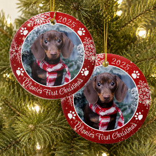 Dog First Christmas Snowflake Photo Red White Ceramic Ornament